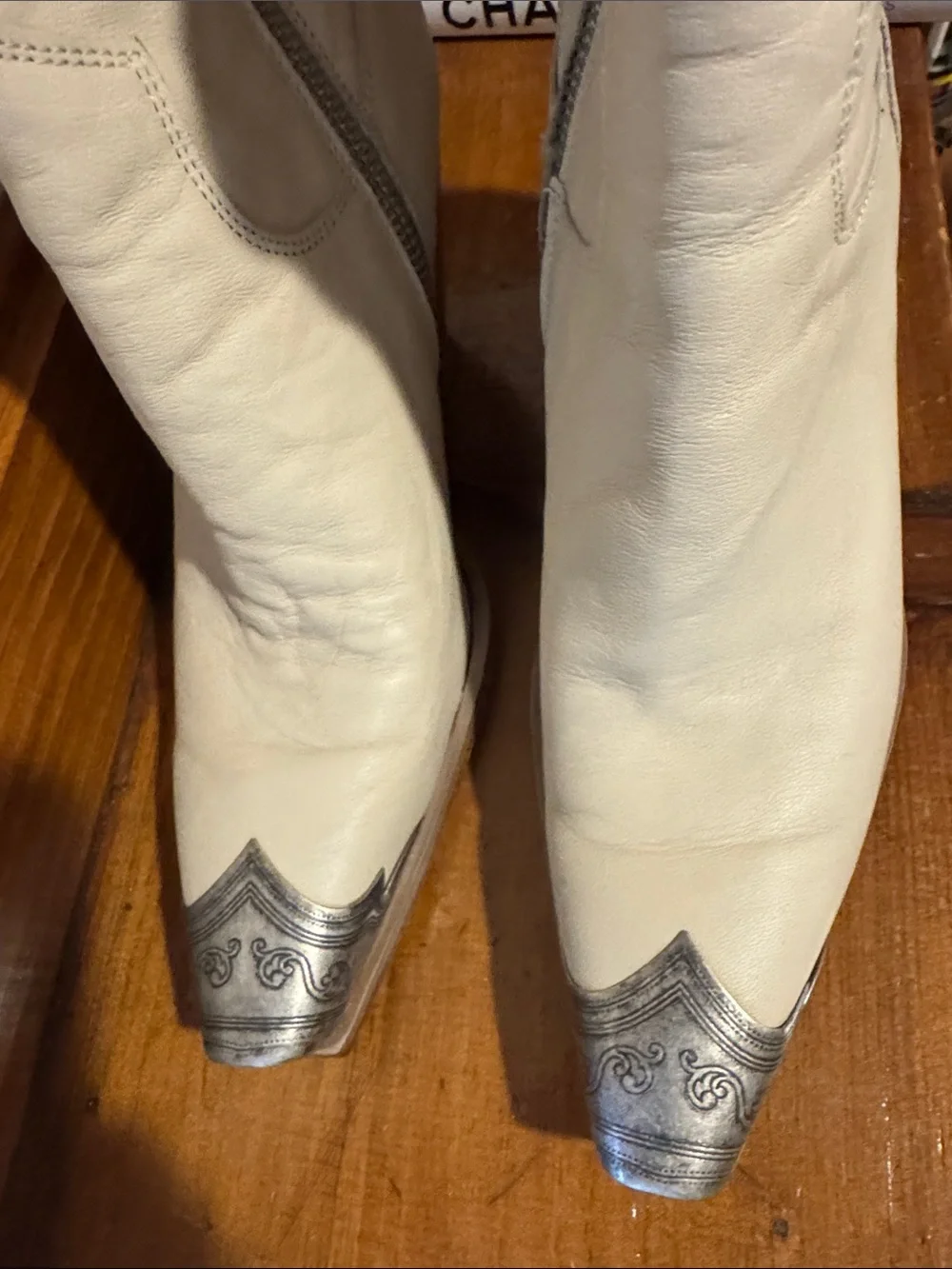 Cream Western Leather Ankle Boots with Silver Toe Cap
